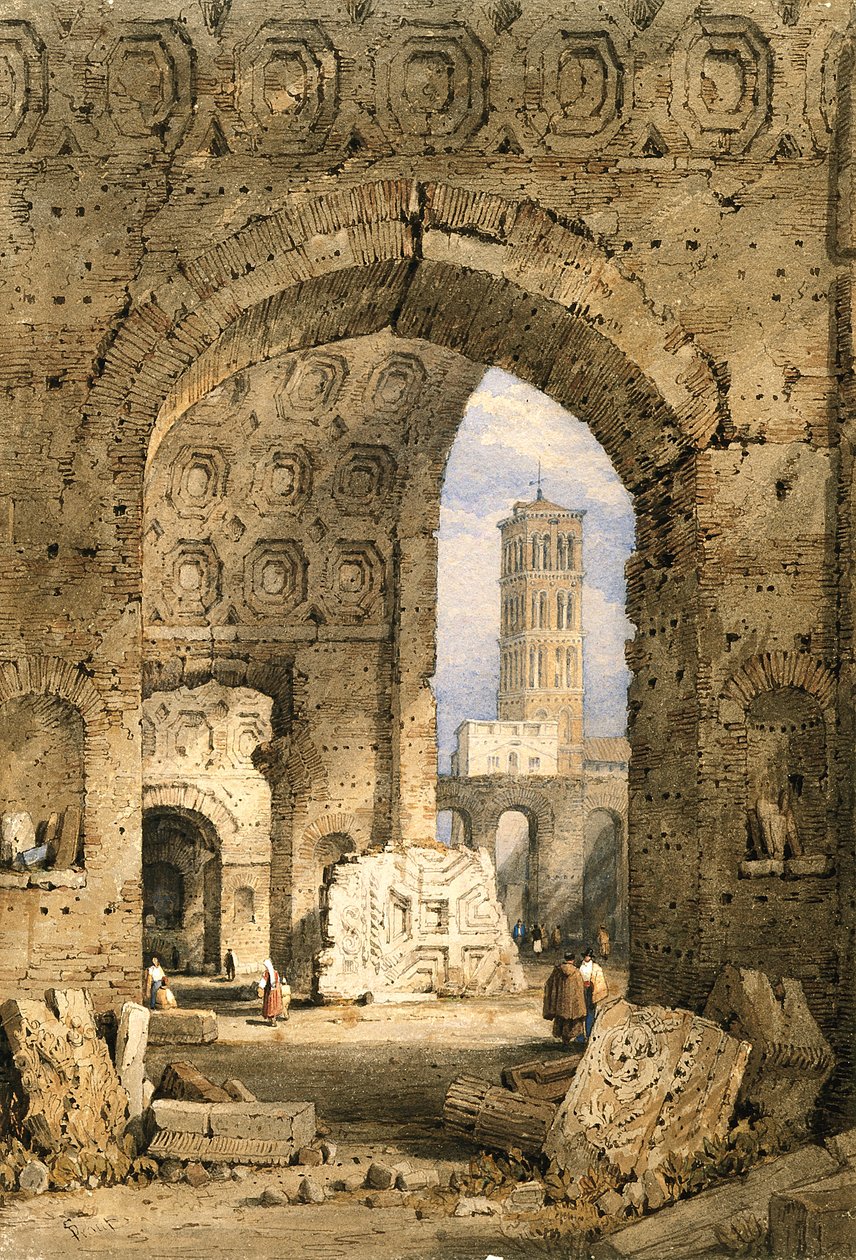 Rauhantemppeli, Forum Romanum (akvarelli ja guassi luonnonvalkoiselle paperille) tekijältä Samuel Prout