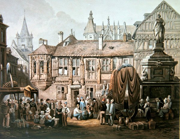 Hotel de Bourgtheroulde, Place de la Pucelle, Rouen, n. 1825 (värikaiverrus) tekijältä Samuel Prout