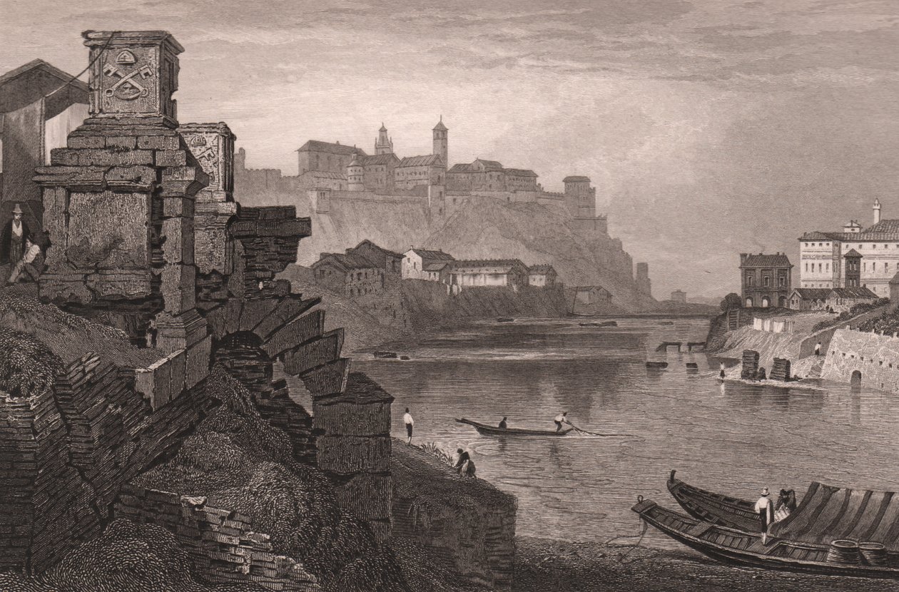 Tiber-joki Aventinuksen vuorella taustalla, Rooma, Lazio, Italia, teräskaiverrus Samuel Proutin (1783-1852) piirroksesta, n. 15x115 cm tekijältä Samuel Prout