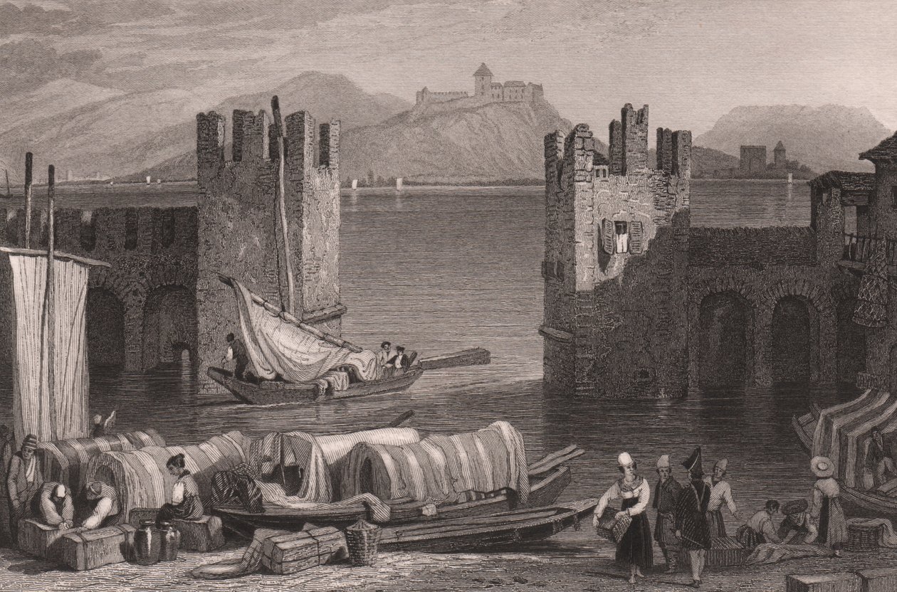 Näkymä Angeran linnasta Aronassa, Lake Maggiore, Piedmont, Italia, teräskaiverrus Samuel Proutin (1783-1852) piirroksesta, n. 16x11 cm tekijältä Samuel Prout