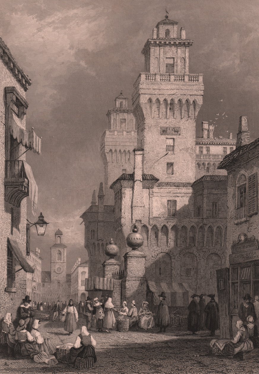 Näkymä Castello Estenseen, Ferrara, Emilia-Romagna, Italia, John Godfreyn (n. 1817-1889) teräskaiverrus Samuel Proutin (1783-1852) piirustuksen mukaan, n. 26x17 cm, julkaisija Blackie and Son. tekijältä Samuel Prout