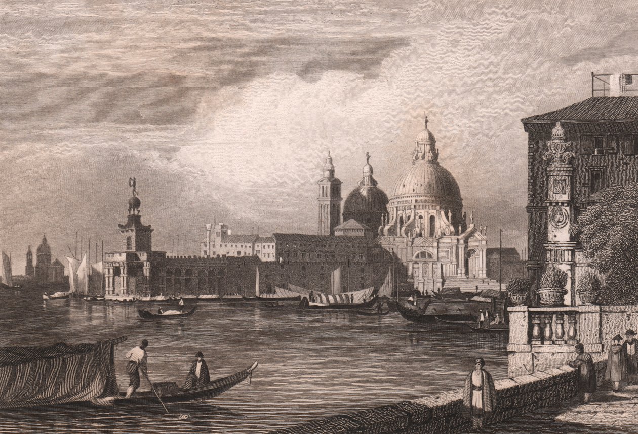 Näkymä Grand Canalille (Canal Grande), taustalla Punta della Dogana ja Basilica di Santa Maria della Salute, Venetsia, Veneto, Italia, teräskaiverrus Samuel Proutin (1783-1852) piirtämänä, noin 15x11,5 cm tekijältä Samuel Prout