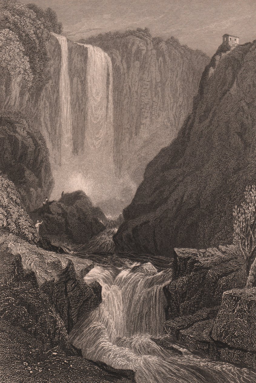 Näkymä Marmoren putouksille (Cascata delle Marmore) lähellä Terniä, Umbria, Italia, teräskaiverrus Samuel Proutin (1783-1852) piirtämänä, noin 15x11,5 cm tekijältä Samuel Prout