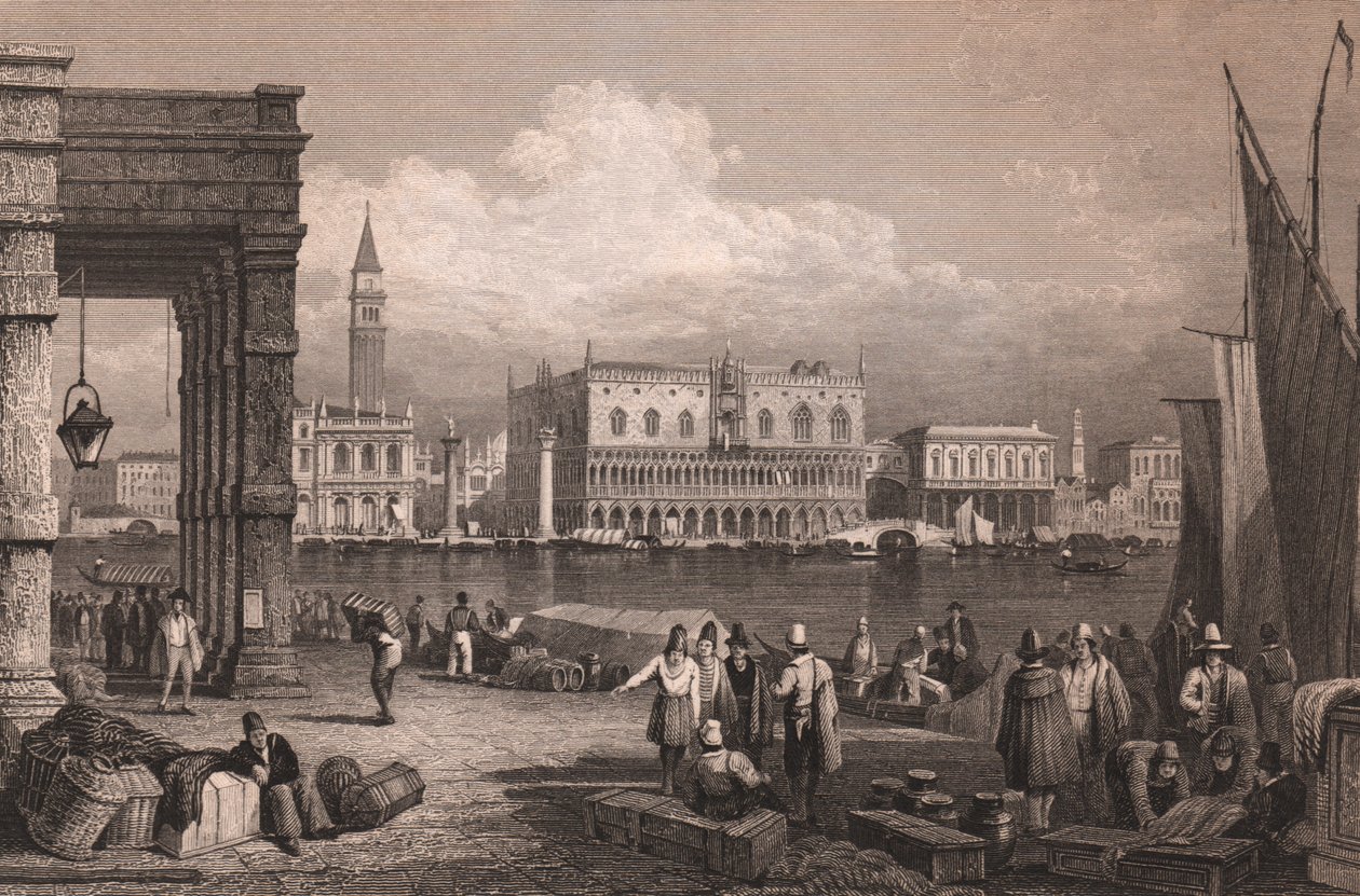 Näkymä Pyhän Markuksen altaalle Venetsiassa, Venetossa, Italiassa, teräskaiverrus Samuel Proutin (1783-1852) piirtämänä, noin 15x11,5 cm tekijältä Samuel Prout
