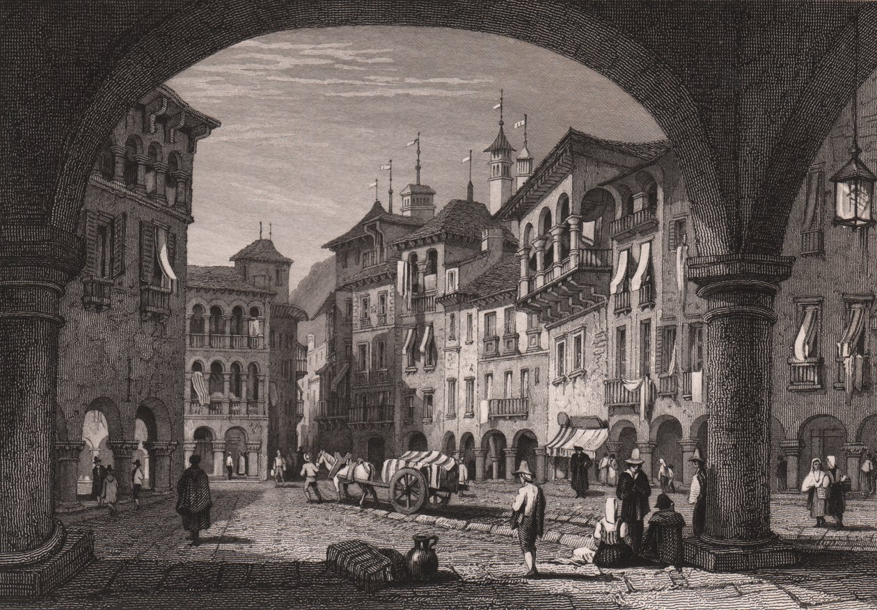 Näkymä torille Domodossolassa, Piemontessa, Italiassa, teräskaiverrus Samuel Proutin (1783-1852) piirroksesta, n. 16x11 cm tekijältä Samuel Prout