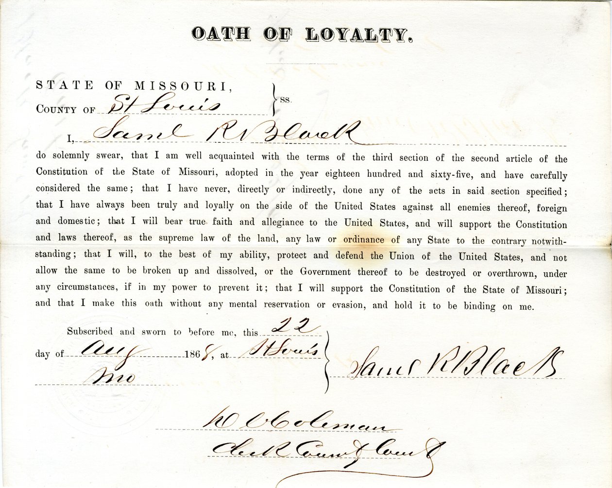 Uskollisuusvala: Samuel R. Black Missourista, St.Louisin kreivikunta tekijältä Samuel R. Black