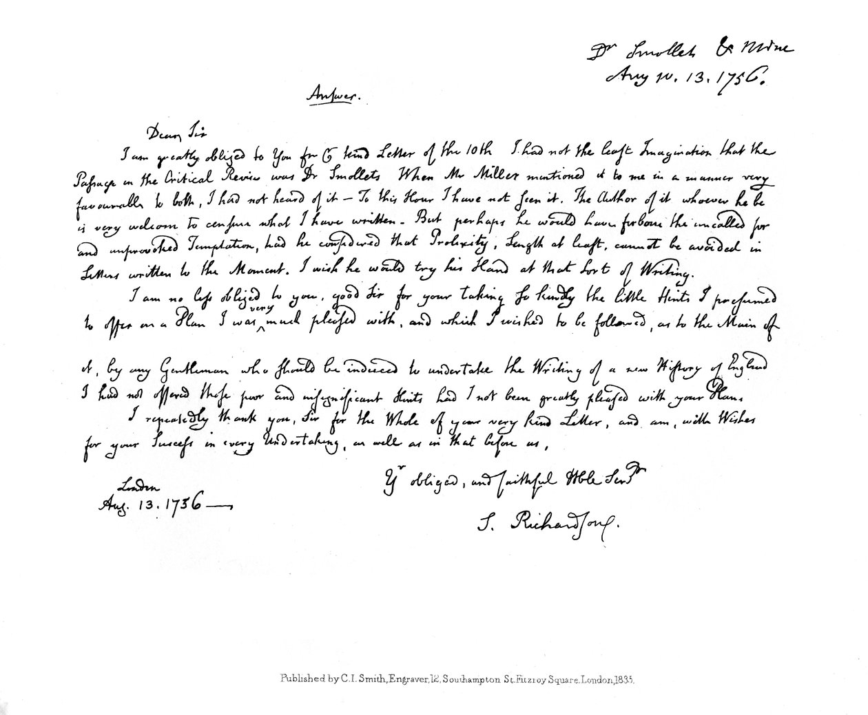 Samuel Richardsonin kirje tohtori Smollettille, 1756, 1840 tekijältä Samuel Richardson