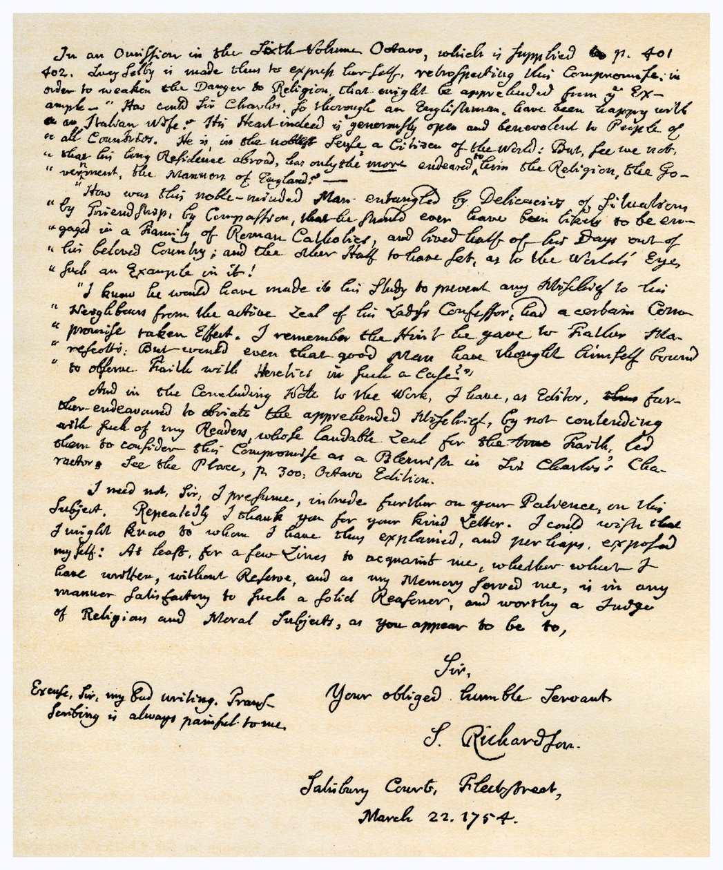 Samuel Richardsonin kirje, 22. maaliskuuta 1754. tekijältä Samuel Richardson