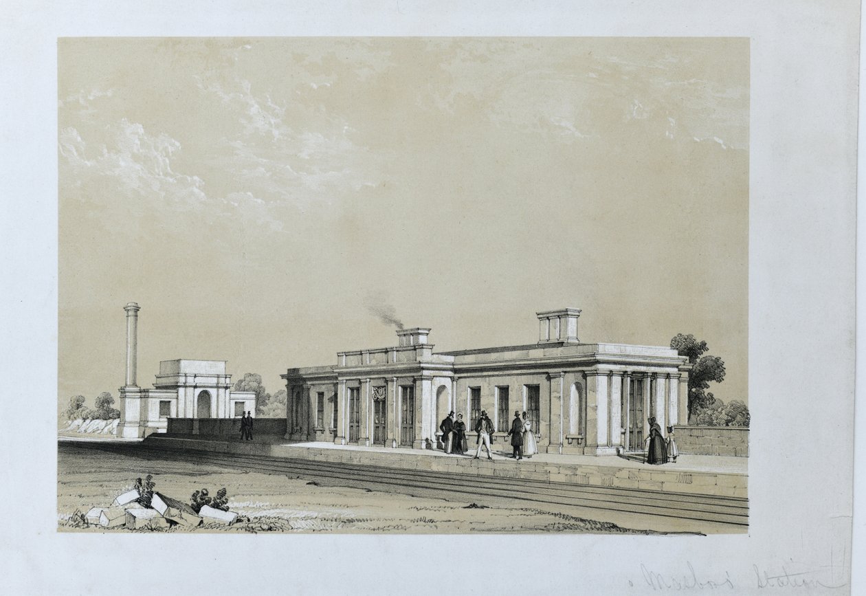 Masborough Station c1840 (sävytetty litografia paperille) tekijältä Samuel Russell