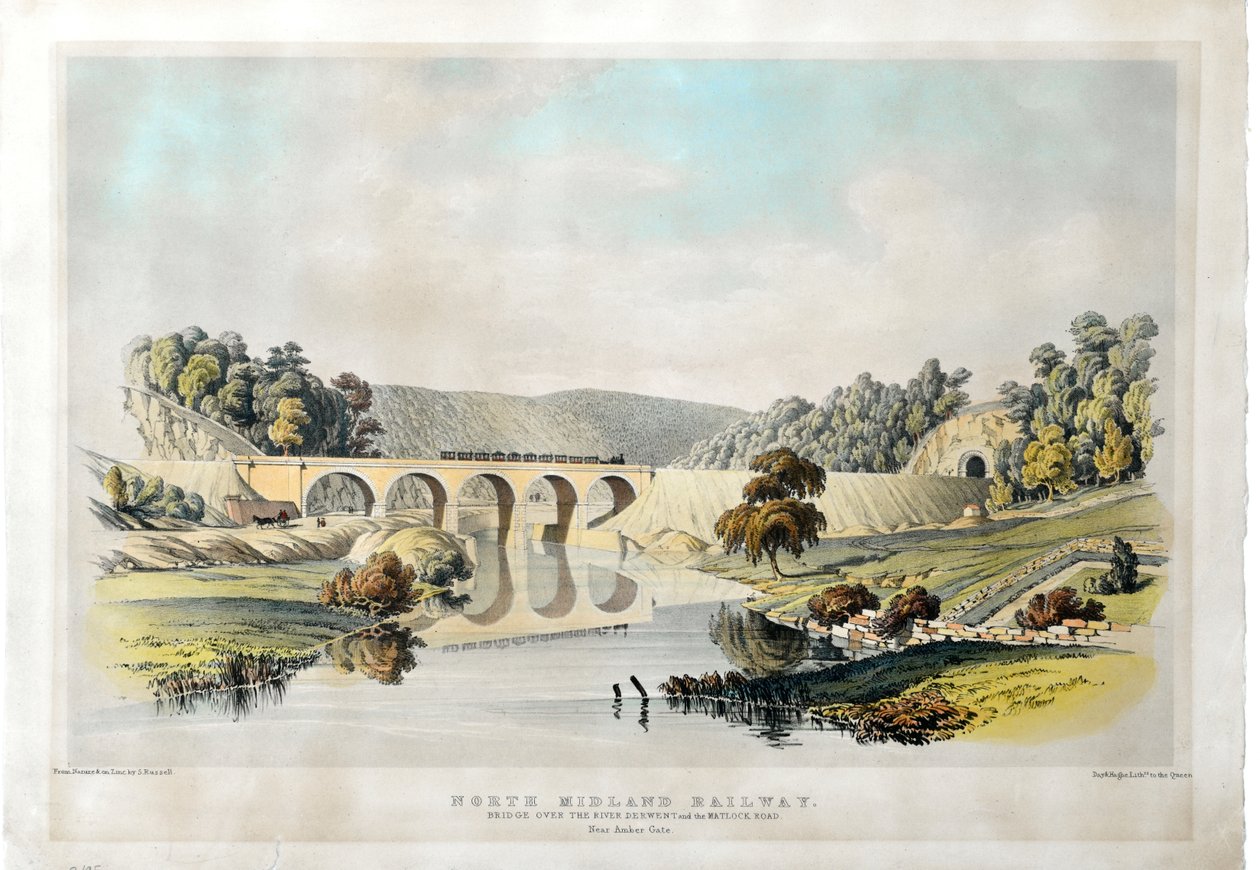 North Midlandin rautatiesilta Derwent-joen ja Matlock Roadin yli lähellä Amber Gatea. 1840 (käsinvärjätty litografia paperille) tekijältä Samuel Russell