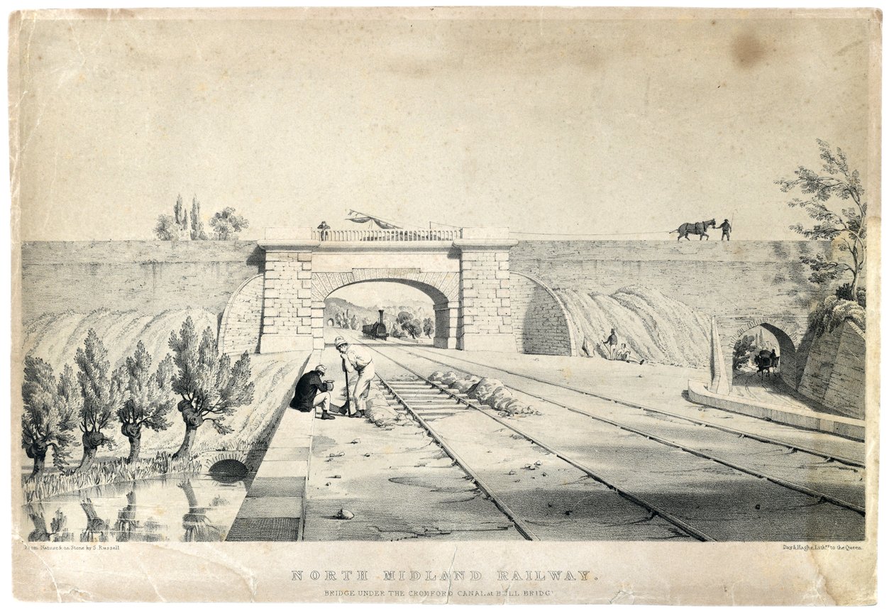 North Midland Railway Bridge Cromford Canalin alla Bull Bridgessä, n. 1840 (sävytetty litografia paperilla) tekijältä Samuel Russell