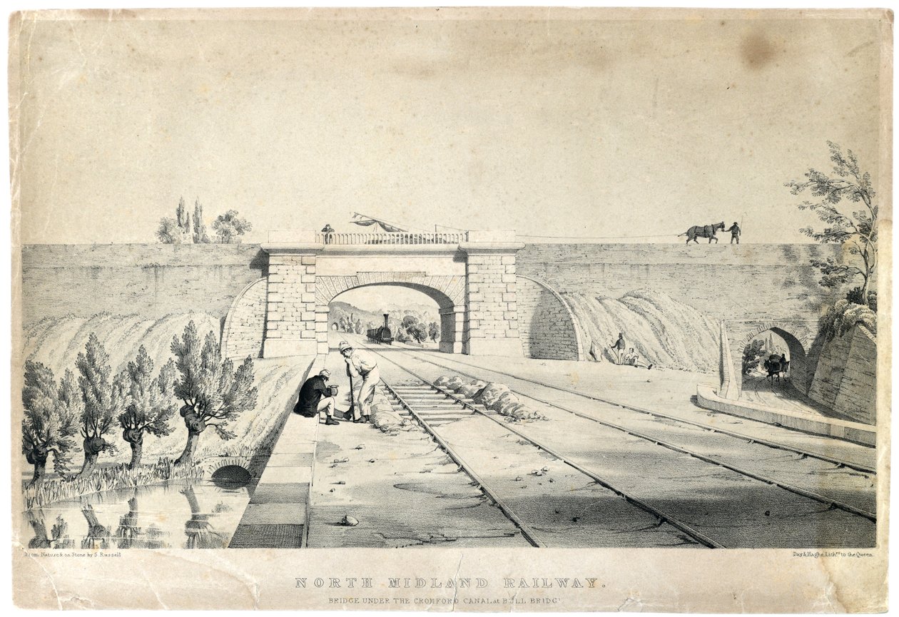North Midland Railway Bridge Cromford Canalin alla Bull Bridgessä c1840 (sävytetty litografia paperilla) tekijältä Samuel Russell