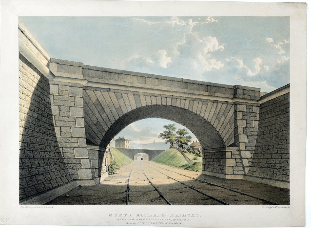 North Midlandin rautatie. Näkymä New Street Bridgestä jne Belperissä etelään katsoen, n. 1840 (käsinvärinen litografia paperille) tekijältä Samuel Russell