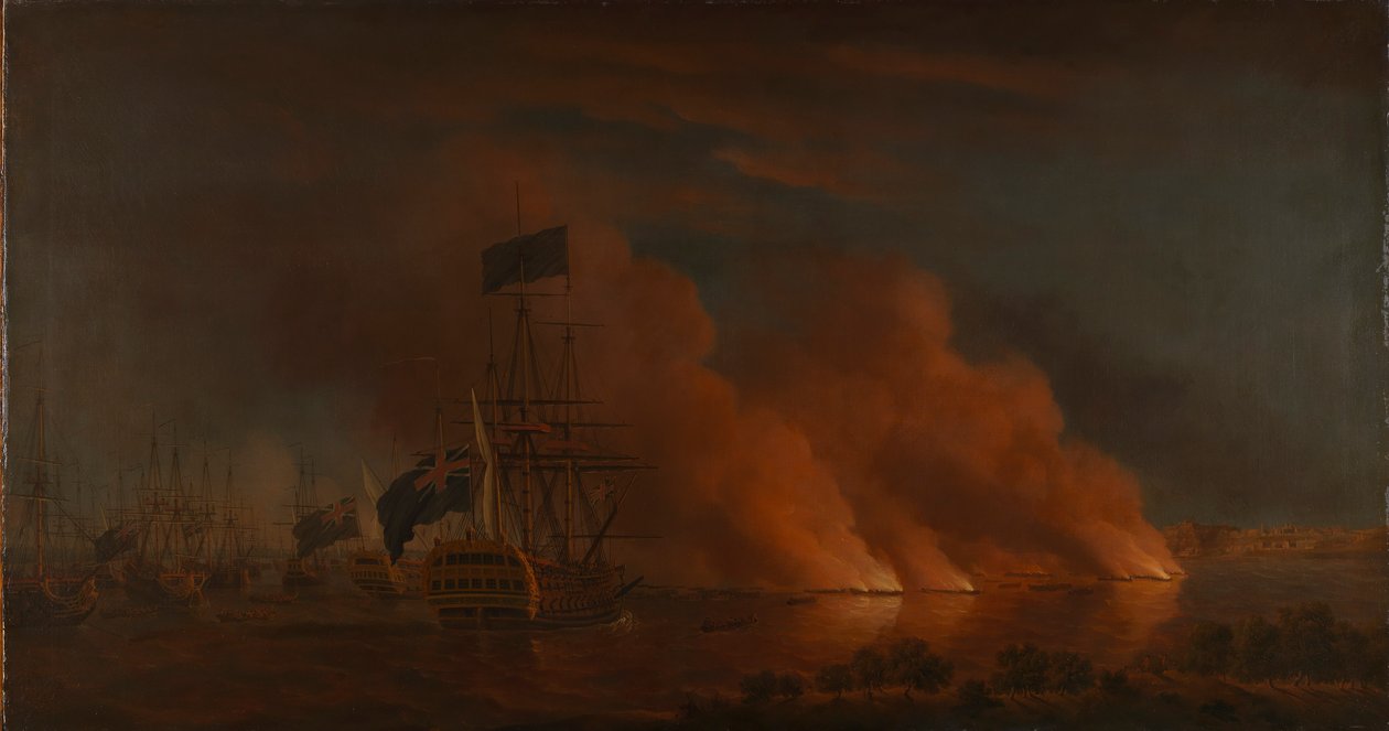 Ranskalaisten tulialusten hyökkäys brittilaivastoa vastaan Quebecin edustalla 28. kesäkuuta 1759. tekijältä Samuel Scott