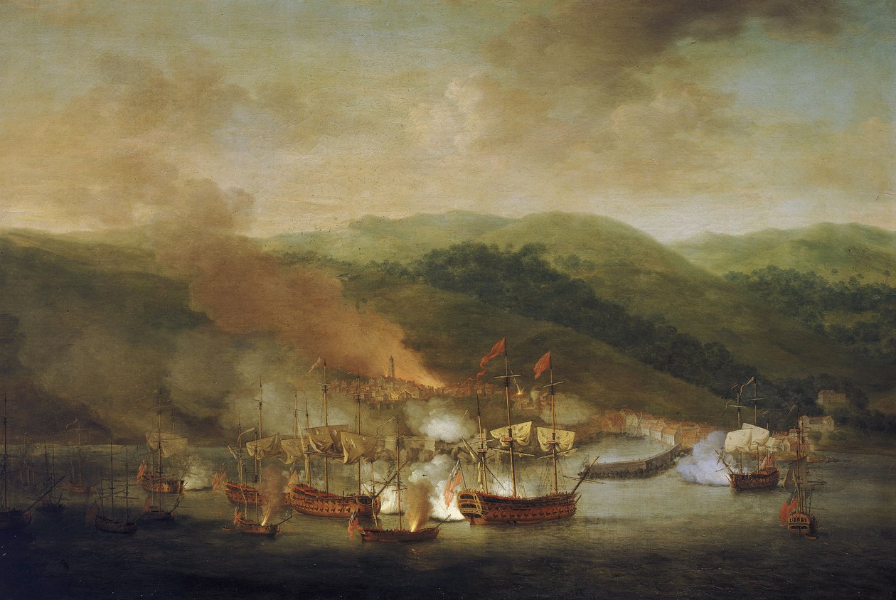 Itävallan perimyssota (1740-1748): Bastian (Ranska) pommitus 6. marraskuuta. tekijältä Samuel Scott