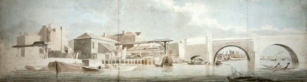 Westminsterin silta, Surreyn puoli (lyijykynä, lyijykynä ja tussi sekä vesiväri paperille). tekijältä Samuel Scott