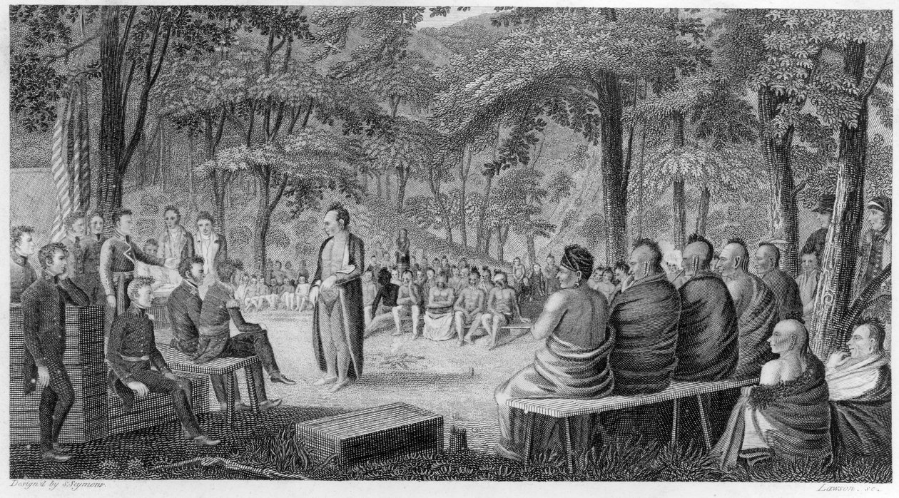 Major Long pitelee neuvostoa Oto (Missouri)-intiaanien kanssa, kaivertanut Lawson, 1819 tekijältä Samuel Seymour