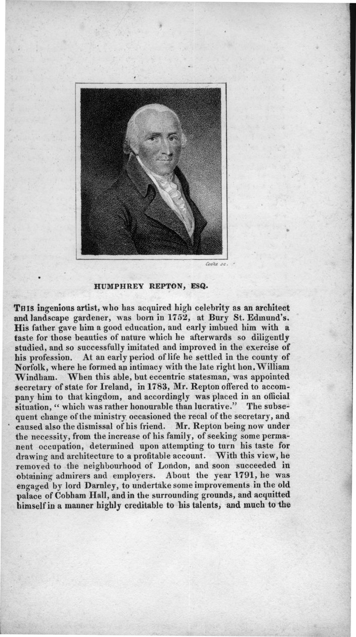 Humphry Repton (1752-1818), kaiverrettu Cooke, teoksesta "Essex, Suffolk ja Norfolk Characters", 1820 tekijältä Samuel Shelley
