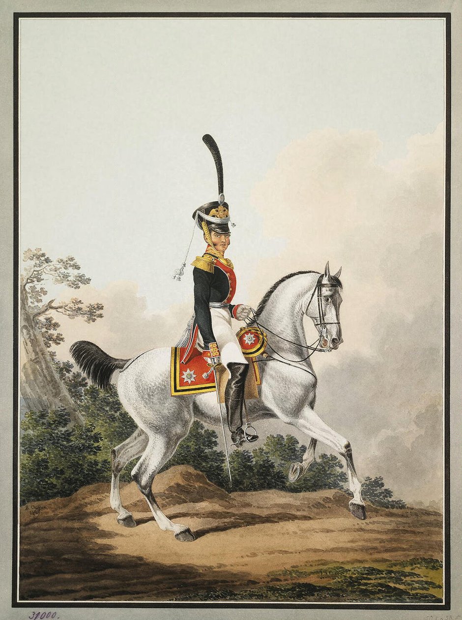 Preobražensky-rykmentin kenttäupseeri hevosen selässä, 1800-luvun alku. tekijältä Samuel Shiflard