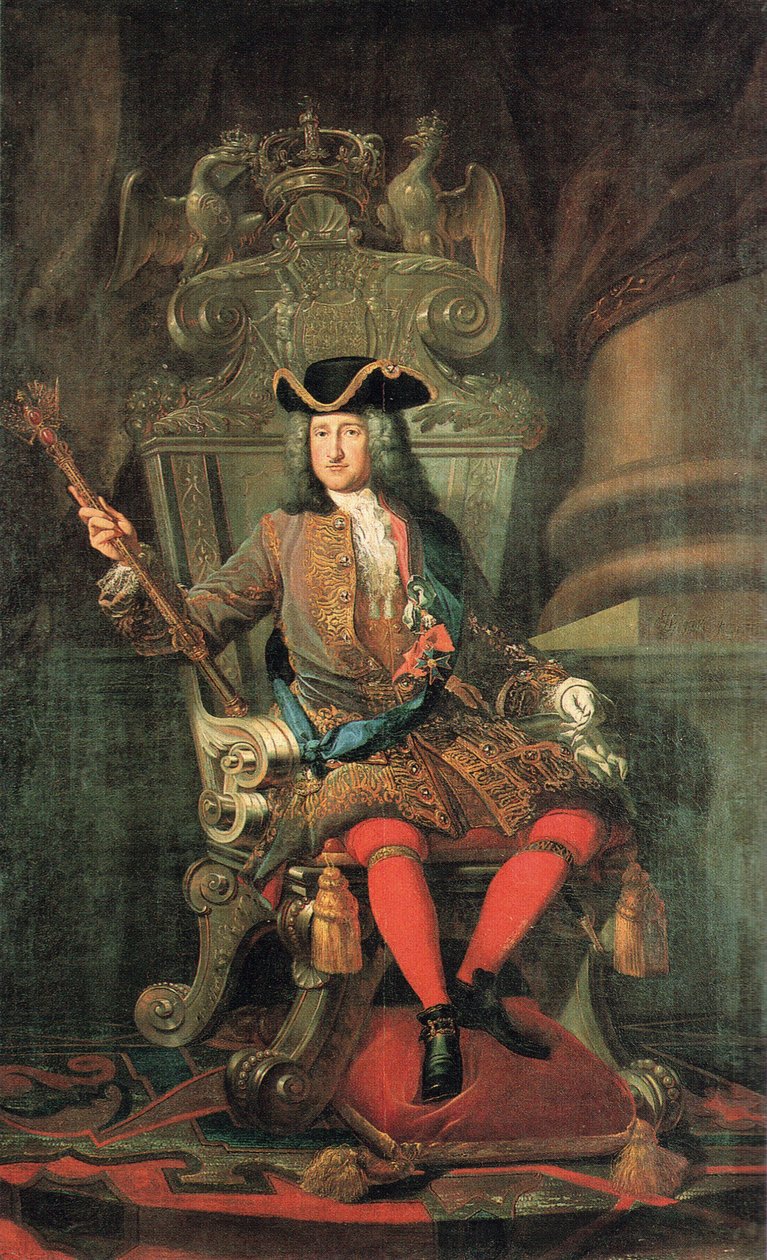 Saksa: Preussin kuningas Friedrich I hopeisella valtaistuimella. tekijältä Samuel Theodor Gericke