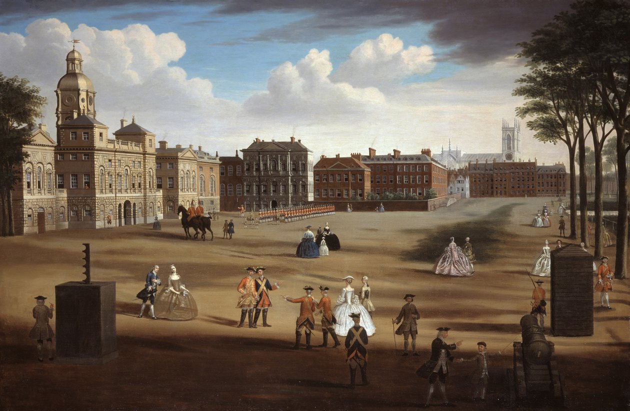 Näkymä hevosvartijoiden länsirintamasta Treasuryn ja Downing Streetin takana, n. 1758 tekijältä Samuel Wale
