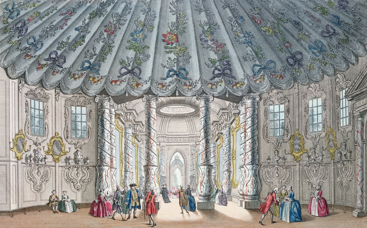 Sisäkuva Vauxhall Gardensin tyylikkäästä musiikkihuoneesta, kaiverrus H. Roberts, 1752 (käsinvärinen kaiverrus) tekijältä Samuel Wale