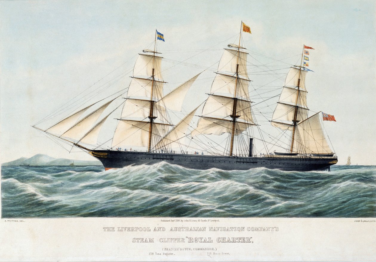 Australia and Liverpool -varustamon kuninkaallinen klipperi. Samuel Waltersin (1811-1882) käsin väritetty litografia, noin 1856. tekijältä Samuel Walters