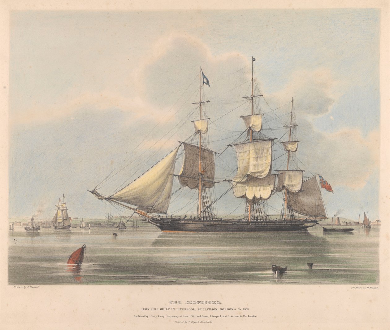 Jackson Gordon  Co:n Liverpoolissa vuonna 1838 rakentama rauta-alus "Ironsides", noin 1838 (litografia, värillinen). tekijältä Samuel Walters