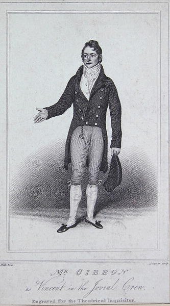 Mr Gibbon Vincentinä elokuvassa The Jovial Crew, Theatrical Inquisitorista (kaiverrus) tekijältä Samuel de (after) Wilde