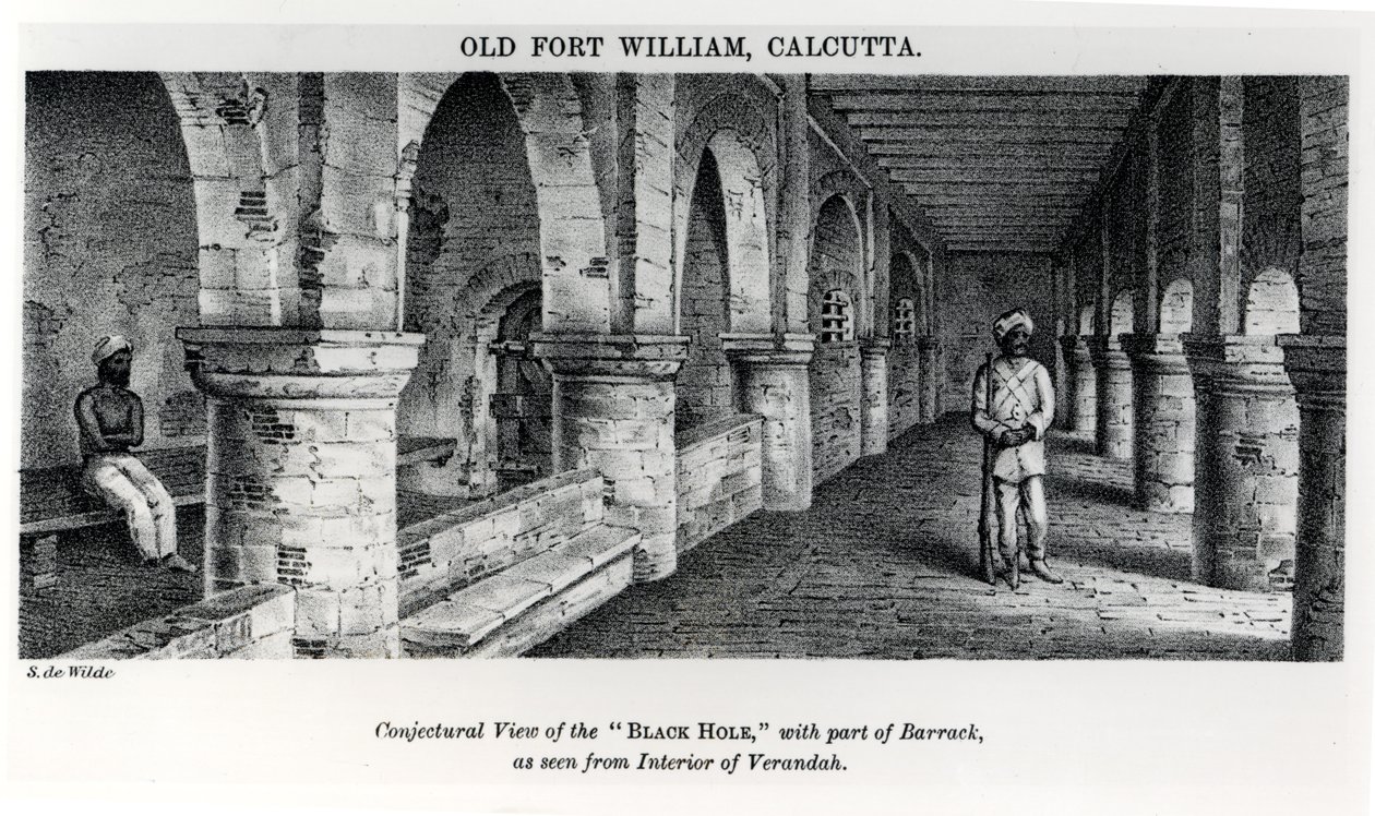 Vanha Fort William, Kalkutta, arveluaalinen näkymä "mustalle aukolle" ja osa kasarmista verannan sisäpuolelta nähtynä tekijältä Samuel de Wilde