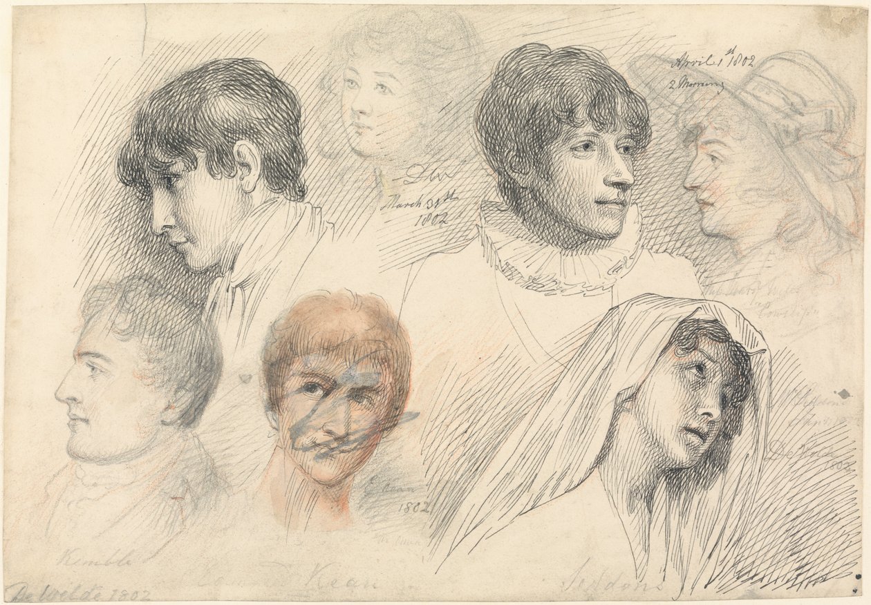 Muotokuvatutkimukset näyttelijöistä, mukaan lukien Mary Wells Cowslipina, John Kemble, Edmund Kean ja Sarah Siddons Hermionena tekijältä Samuel de Wilde