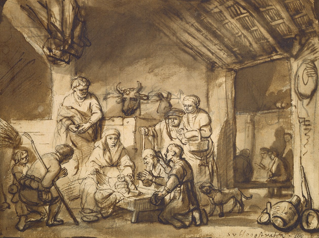 Paimenten palvonta, n. 1646 (kynä ja sivellin ja kynä paperille) tekijältä Samuel van Hoogstraten