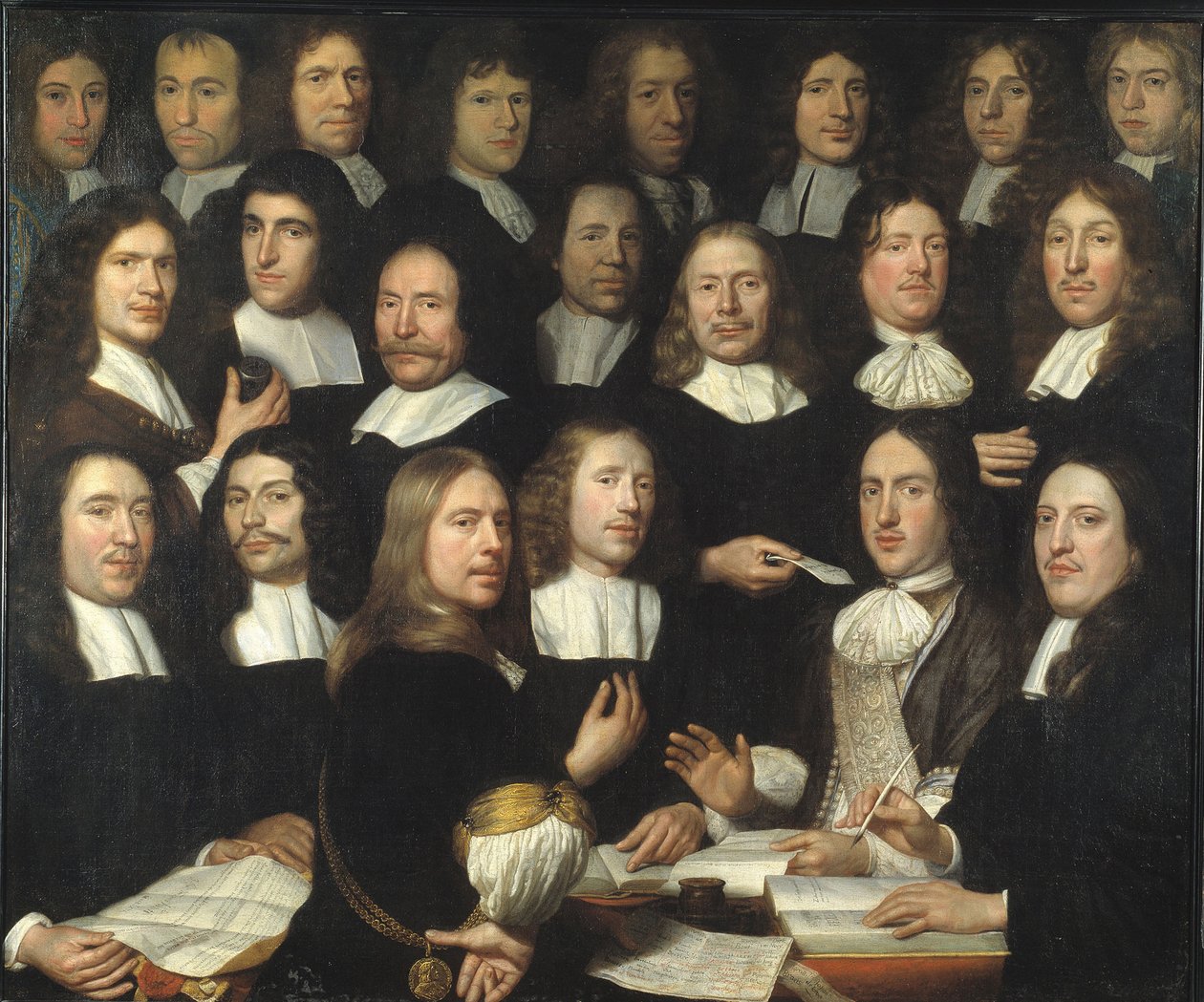 Ryhmämuotokuva Dordrechtin rahapajamestareista (Muotokuva Dordrechtin päämiesten ryhmästä) - Samuel Dirksz van Hoogstratenin kuva (1627-1678) - 1674 - Öljy kankaalle - 139,5x166 - Dordrechts Museum tekijältä Samuel van Hoogstraten