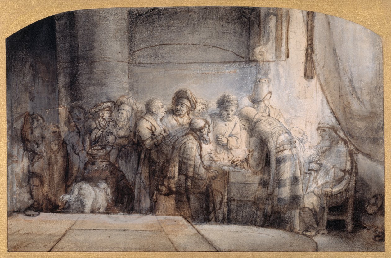 Juudas vastaanottaa kolmekymmentä hopeapalaa, n. 1640 (kynä ja muste punaisella liidulla pesun päällä paperille) tekijältä Samuel van Hoogstraten