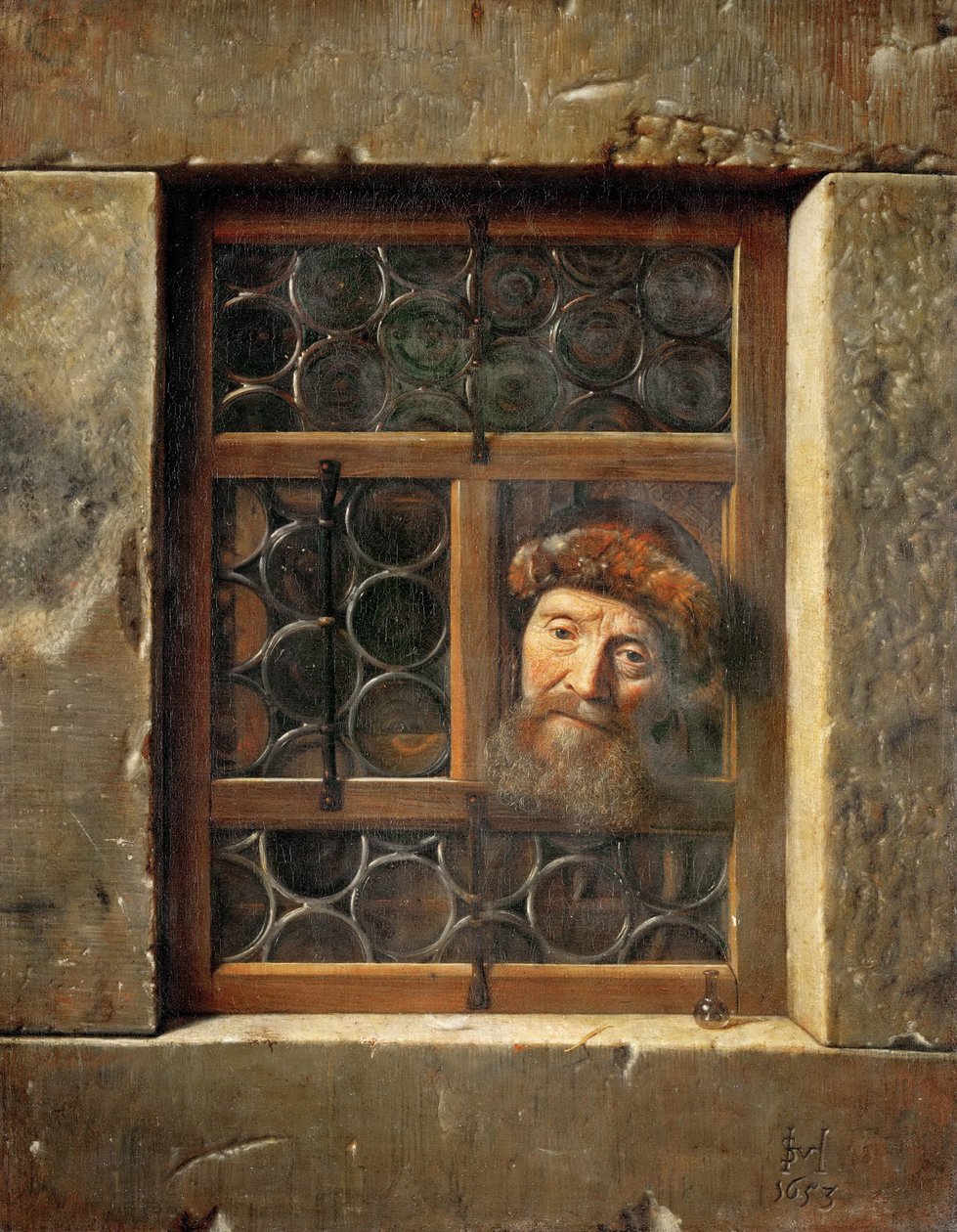 Vanha mies ikkunassa - Samuel Dirksz van Hoogstraten (1627-1678). öljy kankaalle tekijältä Samuel van Hoogstraten