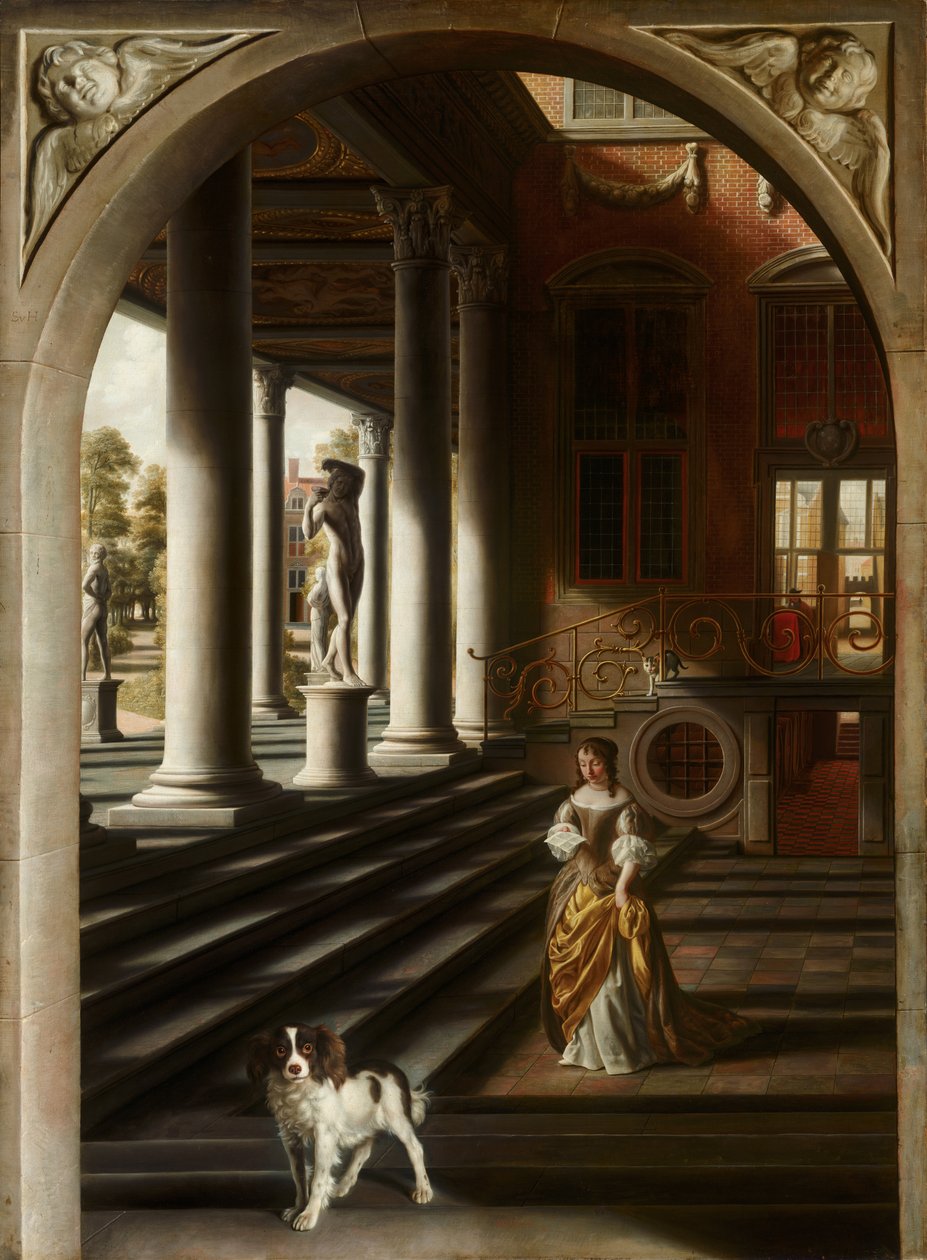 Perspektiivinäkymä kirjettä lukevan naisen kanssa, c. 1670 tekijältä Samuel van Hoogstraten