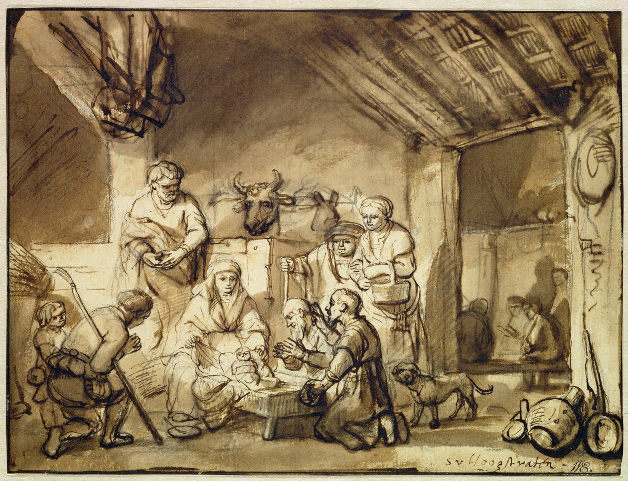 Paimenten palvonta (kynän ja musteen pesu mustalla liidulla paperille) tekijältä Samuel van Hoogstraten