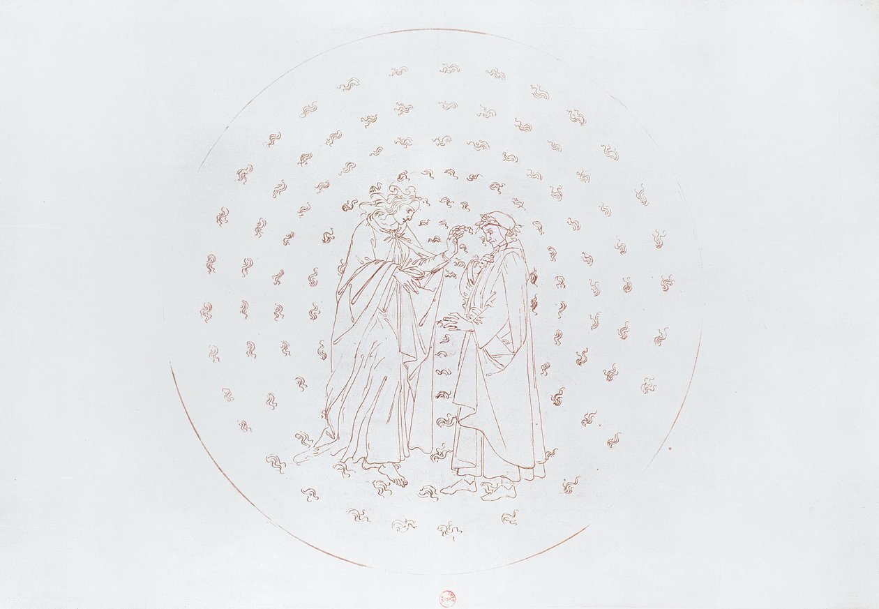 Dante ja Beatrice, Dante Alighierin (1265-1321) jumalallisesta komediasta n. 1480 tekijältä Sandro Botticelli