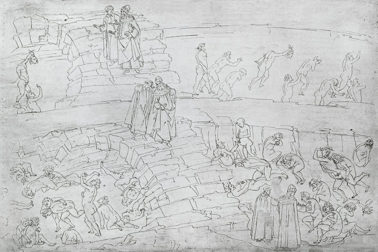 Dante ja Vergilius (70–19 eKr.) Dante Alighierin (1265–1321) jumalallisesta näytelmästä n. 1480 tekijältä Sandro Botticelli
