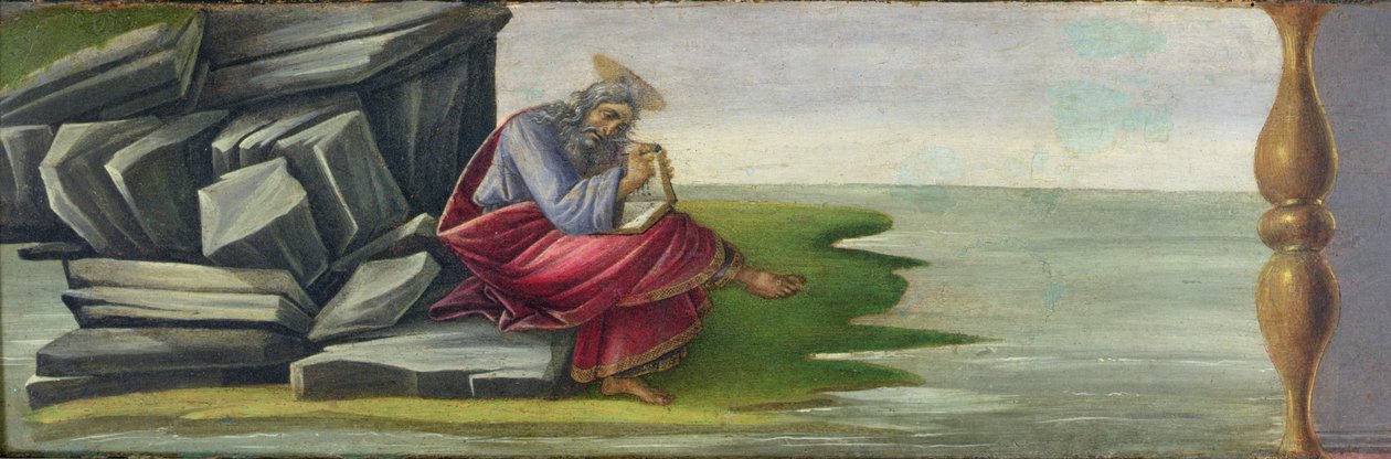 Pyhä Johannes jumalallinen Patmosella, kirjoittamassa Ilmestyskirjaa, predella-paneeli Pyhän Markuksen alttaritaulusta, n. 1488-1490 (tempera paneelissa) (katso 44333 ja 44348) tekijältä Sandro Botticelli