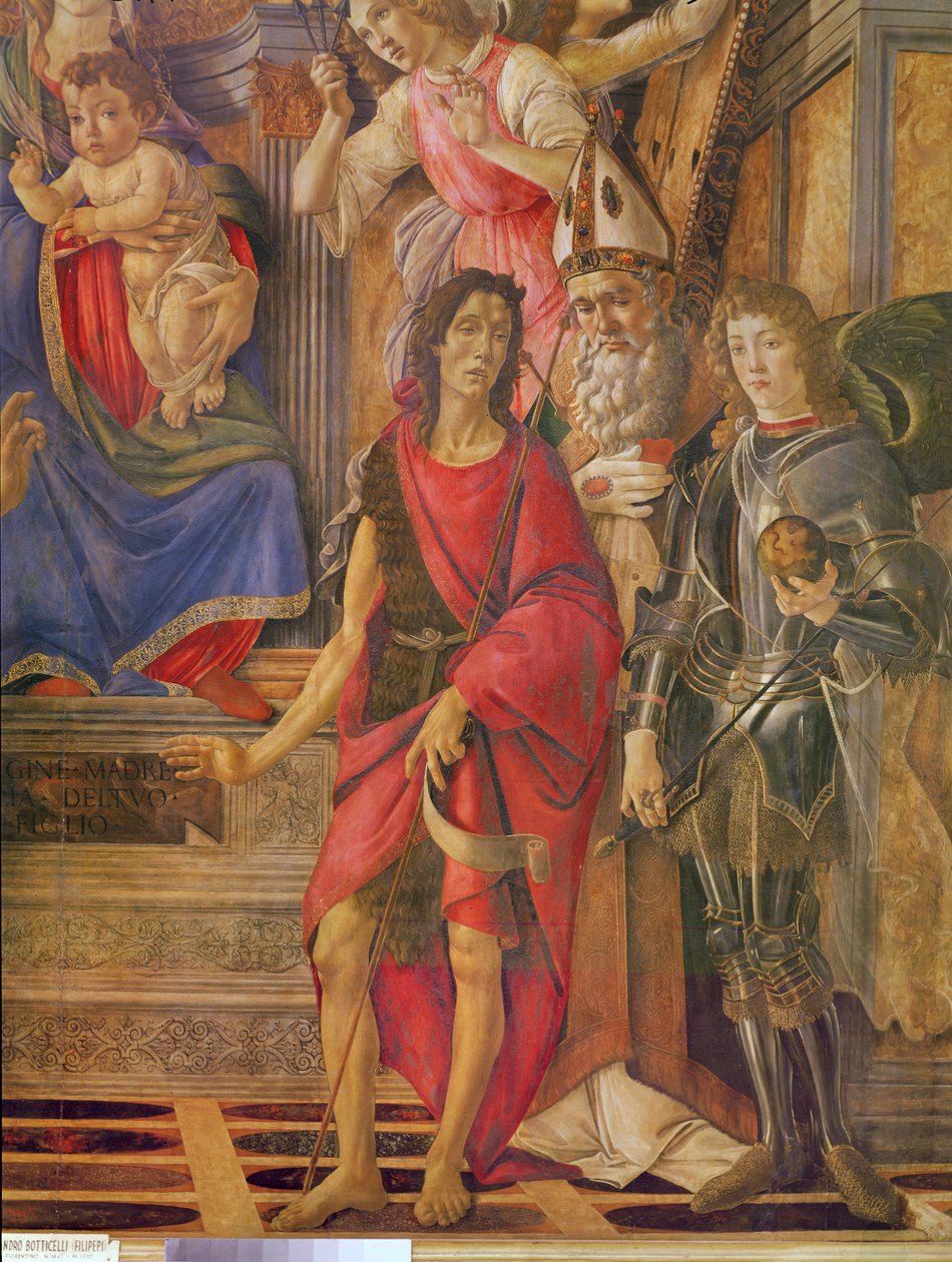 Pyhän Barnabaksen, Neitsyt ja valtaistuimella istuvan lapsen alttaritaulu, yksityiskohta Pyhästä Johannes Kastajasta, Pyhästä Ignacuksesta Antiokian piispa Pyhä Mikael, n. 1488 tempera puulla tekijältä Sandro Botticelli