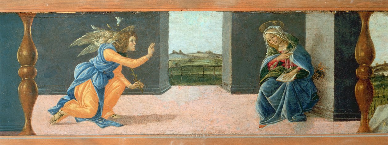 Anunciation, predella-paneeli Pyhän Markuksen alttaritaulusta, n. 1488-1490 (tempera paneelissa) (katso 44363 ja 44381) tekijältä Sandro Botticelli