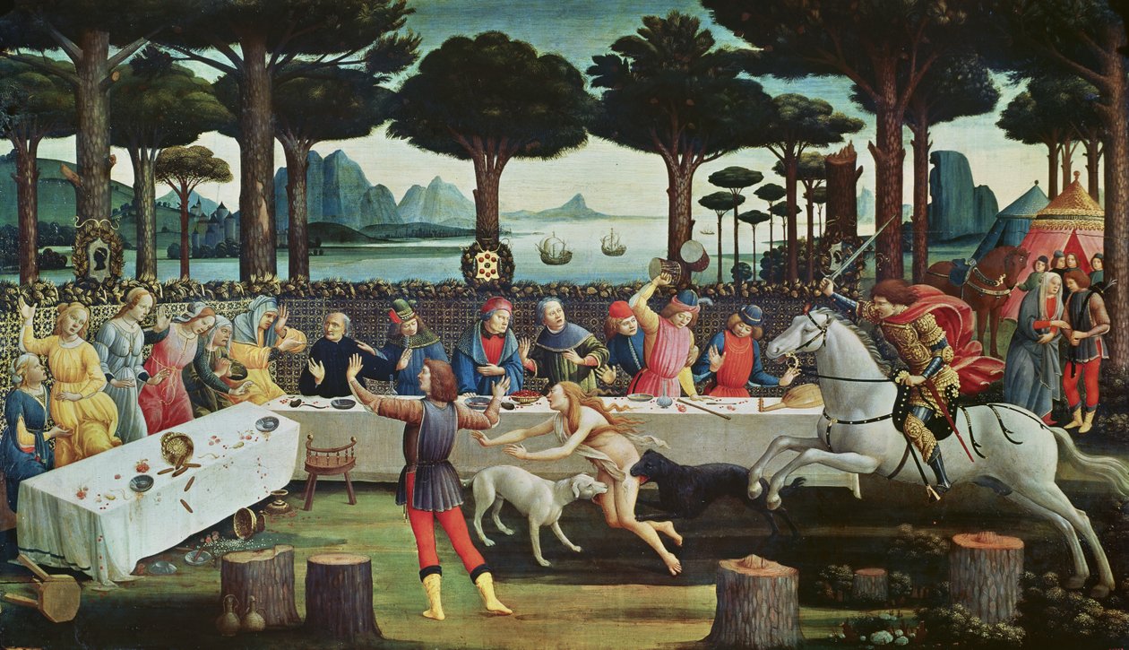 Juhla mäntymetsässä: Nastagio degli Onestin tarinan III kohtaus, n. 1483 (tempera paneelissa) tekijältä Sandro Botticelli