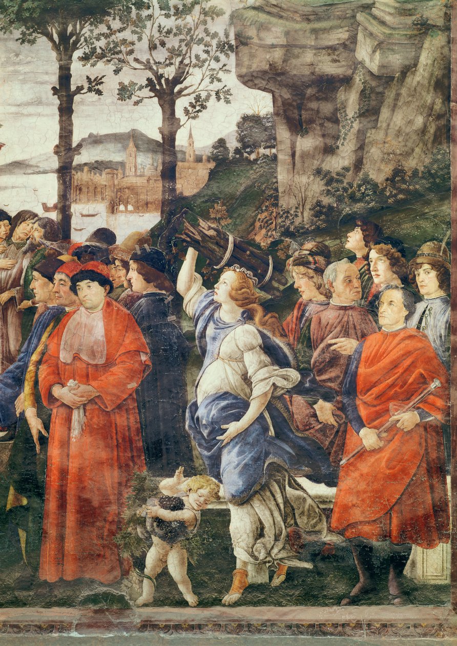 Spitaalisen puhdistaminen ja Kristuksen kiusaus, yksityiskohta hahmoista oikealla, n. 1481-83 (yksityiskohta 75786) tekijältä Sandro Botticelli