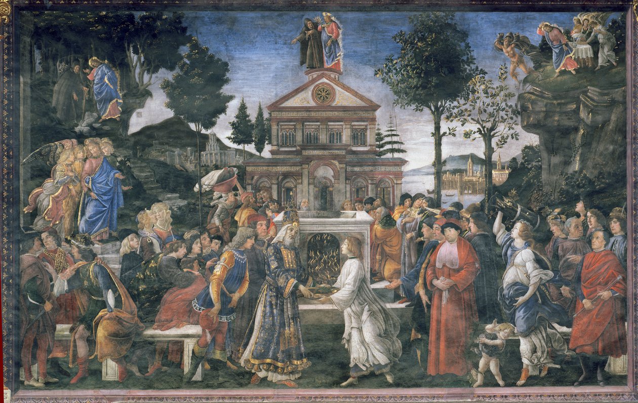 Sikstuksen kappelissa, 1481, Lepraisen puhdistaminen ja Kristuksen kiusaaminen. tekijältä Sandro Botticelli