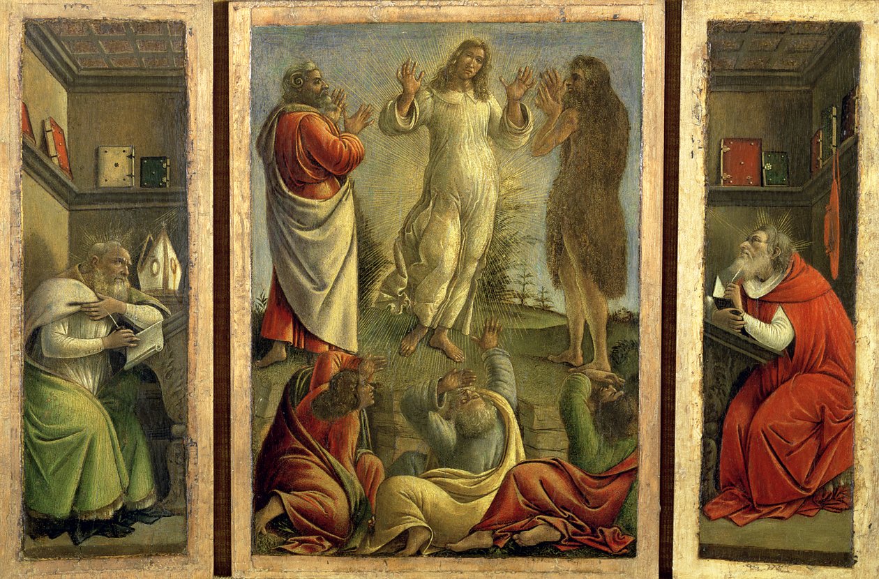 Triptyykki, jossa näkyy kirkastus, Jeesus ilmestyy opetuslapsilleen pyhien Hieronymuksen ja Augustinuksen kanssa sivupaneeleilla, n. 1500 (tempera paneelissa) tekijältä Sandro Botticelli