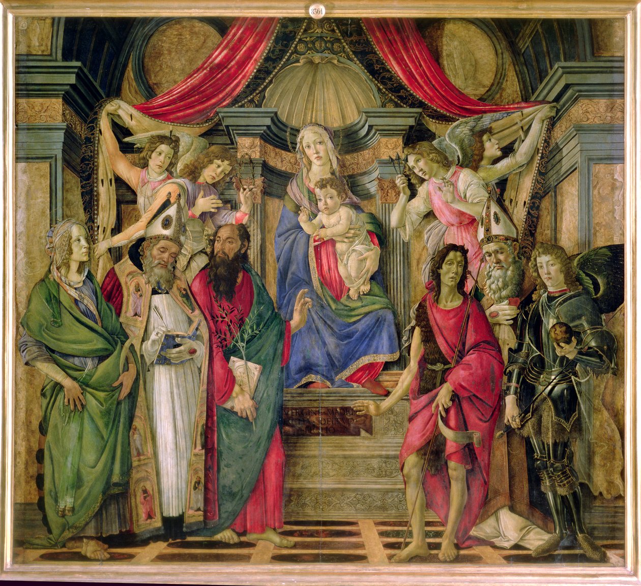 Neitsyt ja lapsi pyhien kanssa San Barnabasin alttaritaulusta, n. 1480-1481 (tempera paneelissa) tekijältä Sandro Botticelli