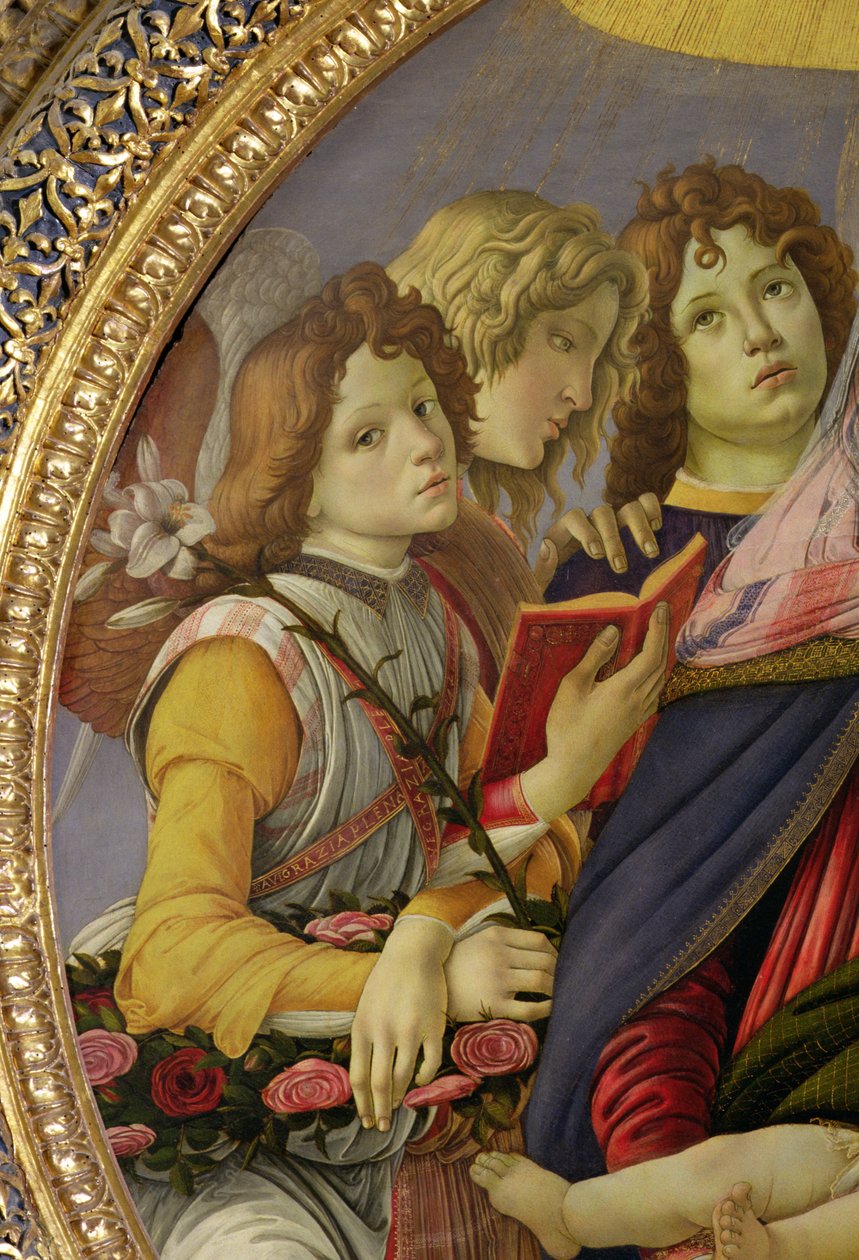 Neitsyt ja lapsi kuuden enkelin kanssa, nimeltään Granaattiomenan madonna (tempera paneelissa) (yksityiskohta 202229) tekijältä Sandro Botticelli