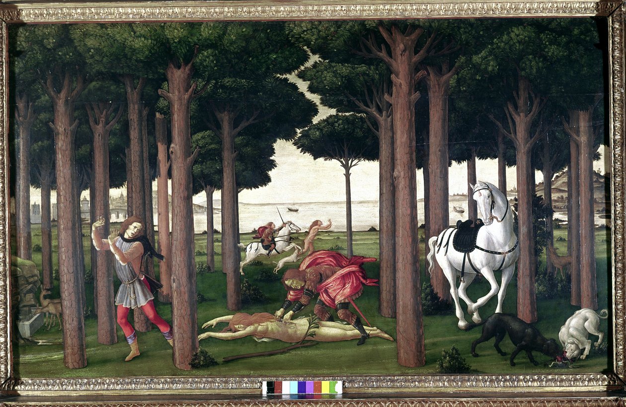 Boccaccion Decameronista; Nastagio degli Onestin tarinat (toinen jakso) tekijältä Sandro (1444/5 1510) Botticelli