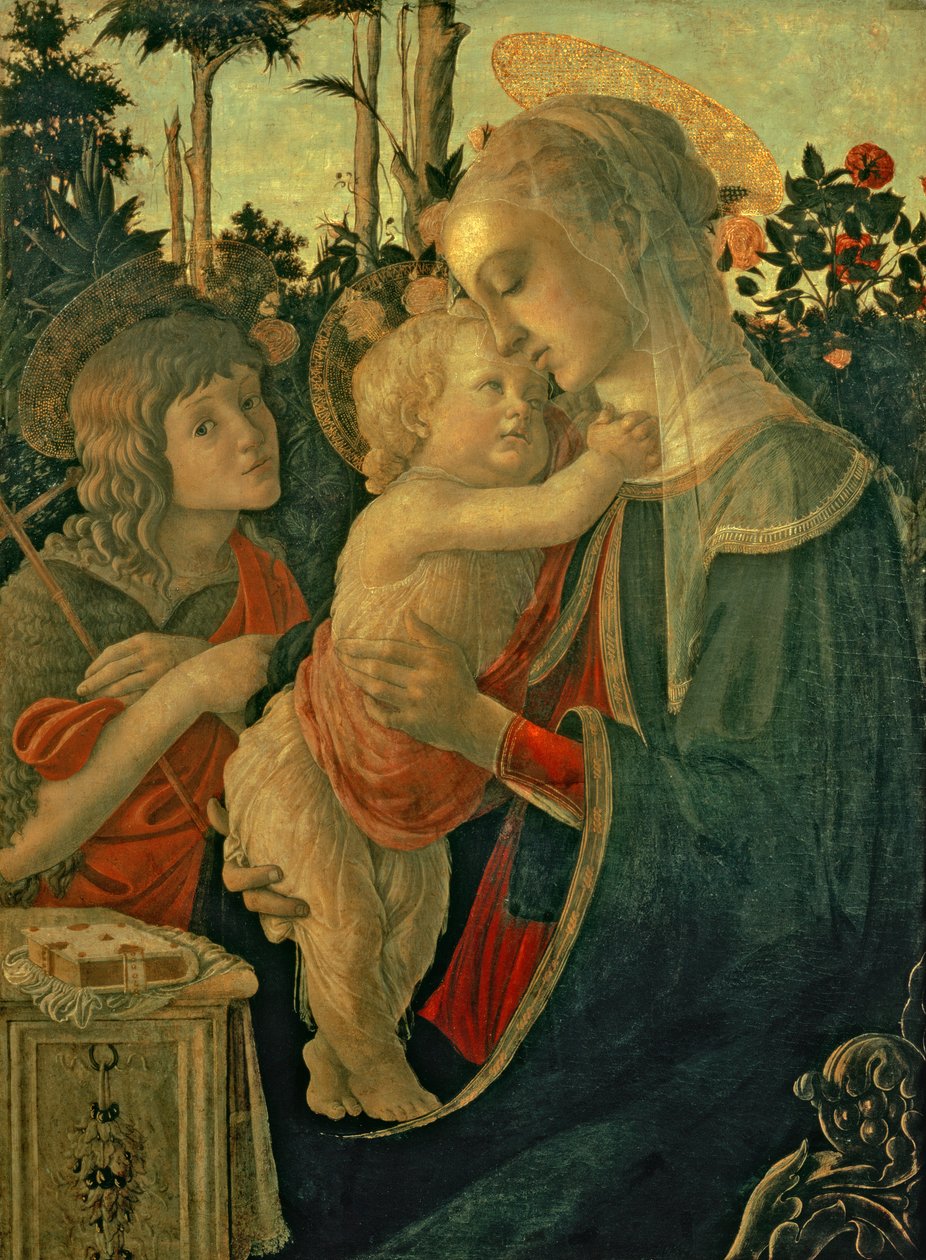 Madonna ja lapsi Pyhän Johannes Kastajan kanssa (öljy paneelissa) (katso lisätietoja numeroista 93885, 93887) tekijältä Sandro Botticelli